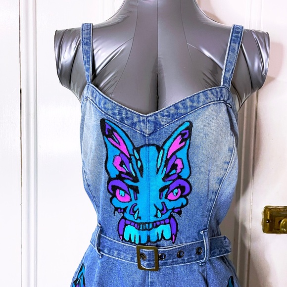 Punk Repurposed Blue Denim Play Suit Painted With Original Butterfly Art Work. - Picture 3 of 8